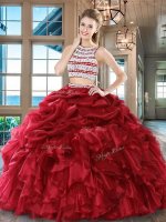Wine Red Sweet 16 Dress Military Ball and Sweet 16 and Quinceanera with Beading and Ruffles and Pick Ups Scoop Sleeveless Backless(SKU SXQD047-2BIZ)
