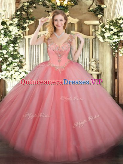 Eye-catching Beading 15 Quinceanera Dress Watermelon Red Lace Up Sleeveless Floor Length - Click Image to Close