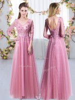Extravagant V-neck 3 4 Length Sleeve Lace Up Dama Dress Pink Tulle