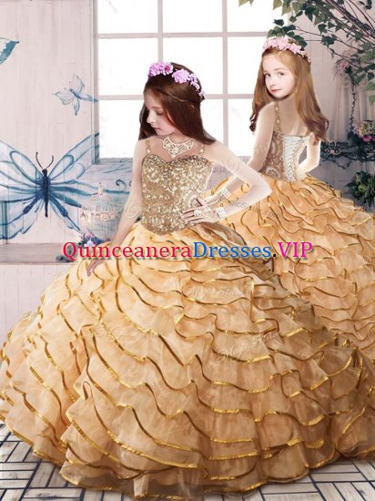 Best Gold Lace Up Straps Beading and Ruffled Layers Pageant Dress Toddler Organza Sleeveless Court Train - Click Image to Close