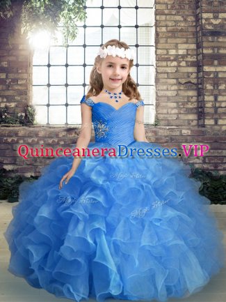 Blue Lace Up Straps Beading and Ruching Pageant Dress for Teens Organza Sleeveless
