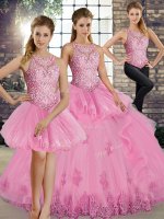 Inexpensive Rose Pink Tulle Lace Up Scoop Sleeveless Floor Length Quinceanera Gown Lace and Embroidery and Ruffles