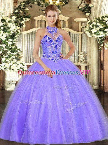 Fashion Lavender Halter Top Lace Up Embroidery Ball Gown Prom Dress Sleeveless - Click Image to Close
