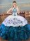 Colorful Blue And White Ball Gowns Halter Top Sleeveless Organza Floor Length Lace Up Embroidery Vestidos de Quinceanera