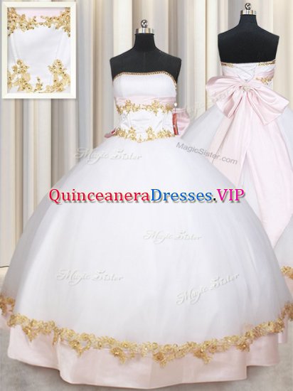 White Ball Gowns Strapless Sleeveless Satin Floor Length Lace Up Beading and Appliques and Bowknot Sweet 16 Quinceanera Dress - Click Image to Close