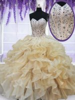 Elegant Beading and Ruffles Quinceanera Dress Champagne Lace Up Sleeveless Floor Length(SKU PSSW040BIZ)