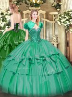 Captivating Beading and Ruffled Layers Ball Gown Prom Dress Turquoise Lace Up Sleeveless Floor Length
