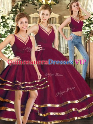 V-neck Sleeveless Tulle Sweet 16 Dresses Ruffled Layers Backless