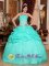 Stylish Turquoise Organza Quinceanera Dress With Strapless Appliques And Ruffles Decorate In Riberalta Blivia