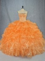 Orange Ball Gowns Strapless Sleeveless Organza Floor Length Lace Up Beading and Ruffles 15th Birthday Dress