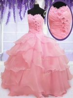 High Class Sleeveless Organza Floor Length Lace Up Quince Ball Gowns in Baby Pink with Beading and Hand Made Flower(SKU PSSW030BIZ)
