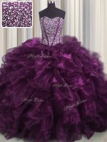 Visible Boning With Train Dark Purple Ball Gown Prom Dress Organza Brush Train Sleeveless Beading and Ruffles
