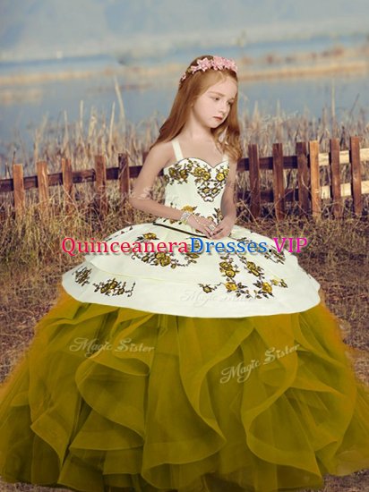 Fantastic Floor Length Ball Gowns Sleeveless Olive Green Kids Formal Wear Lace Up - Click Image to Close