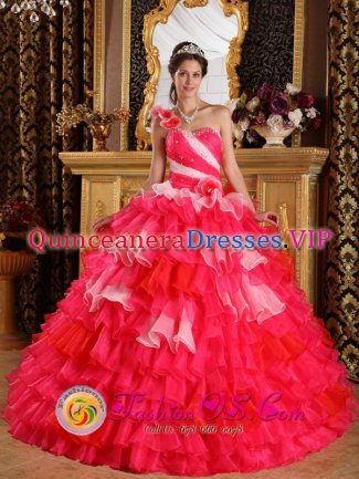 Colorful Hand Made Flowers Decorate One Shoulder and Ruffles Layered For Ball Gown Quinceanera Dress in Birmingham Alabama/AL