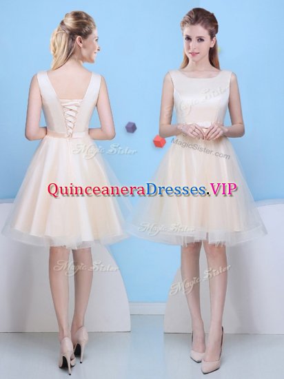 Fashionable Scoop Knee Length Champagne Damas Dress Tulle Sleeveless Bowknot - Click Image to Close