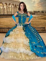 Delicate Multi-color Quinceanera Dress Military Ball and Sweet 16 and Quinceanera with Appliques and Embroidery and Ruffled Layers Off The Shoulder Sleeveless Lace Up