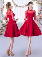 High-neck Half Sleeves Damas Dress Knee Length Ruching Red Satin