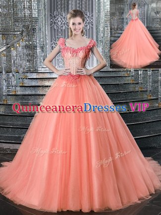 Straps With Train Lace Up 15th Birthday Dress Peach for Military Ball and Sweet 16 and Quinceanera with Beading Brush Train