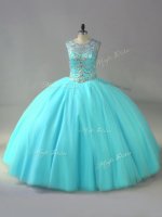Classical Aqua Blue Organza Lace Up Scoop Sleeveless Sweet 16 Dresses Beading