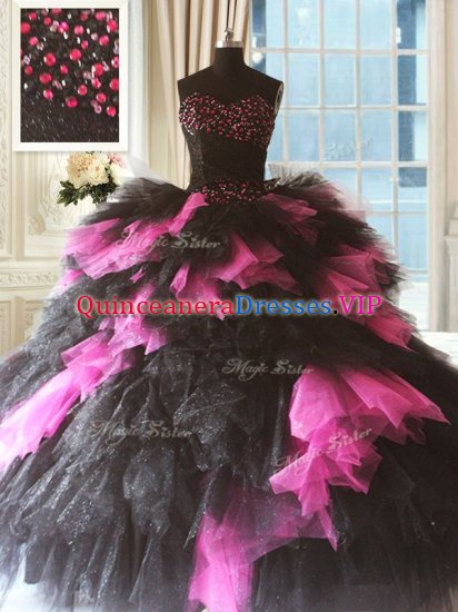 Beading and Ruffles Military Ball Gown Pink And Black Lace Up Sleeveless Floor Length - Click Image to Close