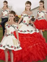 Organza Off The Shoulder Sleeveless Lace Up Embroidery and Ruffles Sweet 16 Dresses in White And Red