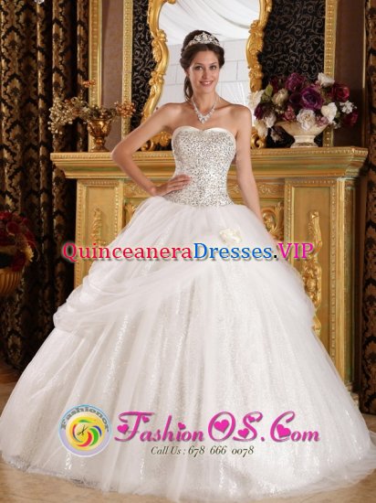 Mejillones Chile White Quinceanera Dress With Sweetheart Beaded Bodice and Pick-ups Tulle - Click Image to Close