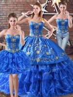 Beautiful Blue Ball Gowns Organza Sweetheart Sleeveless Embroidery and Ruffled Layers Floor Length Lace Up Quinceanera Gowns