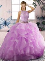 Glittering Lilac Two Pieces Scoop Sleeveless Tulle Floor Length Lace Up Beading and Ruffles Sweet 16 Dresses(SKU SJQDDT2070002-7BIZ)