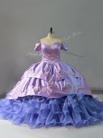 Lavender Off The Shoulder Neckline Embroidery and Ruffles Quinceanera Gowns Sleeveless Lace Up