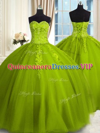 Ideal Olive Green Sleeveless Tulle Lace Up Vestidos de Quinceanera for Military Ball and Sweet 16 and Quinceanera