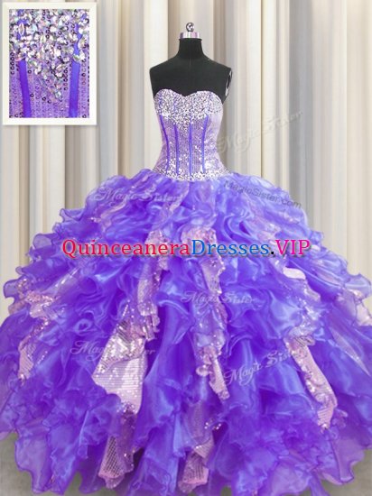 Suitable Visible Boning Purple Ball Gowns Organza and Sequined Sweetheart Sleeveless Beading and Ruffles and Sequins Floor Length Lace Up Quinceanera Gowns - Click Image to Close