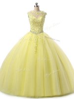 Scoop Sleeveless Tulle 15 Quinceanera Dress Beading and Lace Lace Up