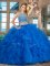 Colorful Blue Tulle Backless Scoop Sleeveless Floor Length 15 Quinceanera Dress Beading and Ruffles