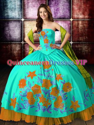 Fancy Sleeveless Satin Floor Length Lace Up Sweet 16 Dress in Multi-color with Embroidery