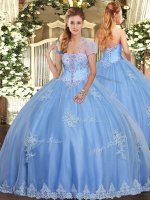 Fashion Light Blue Ball Gowns Strapless Sleeveless Tulle Floor Length Lace Up Beading and Appliques Sweet 16 Dresses