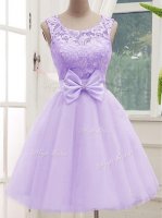 Nice Knee Length Lavender Vestidos de Damas Tulle Sleeveless Lace and Bowknot