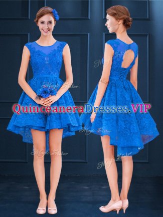 Blue Scoop Clasp Handle Lace and Belt Vestidos de Damas Sleeveless
