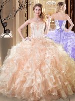 Organza Strapless Sleeveless Lace Up Embroidery and Ruffles Quinceanera Gowns in Yellow