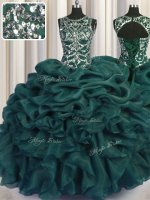 Beautiful See Through Floor Length Teal Ball Gown Prom Dress Scoop Sleeveless Lace Up