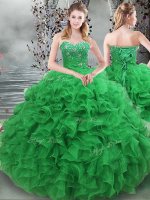 Romantic Green Quince Ball Gowns Military Ball and Sweet 16 with Beading and Ruffles Sweetheart Sleeveless Lace Up