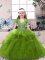 Floor Length Lace Up Little Girls Pageant Dress Olive Green for Party and Sweet 16 and Wedding Party with Beading
