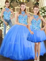 Extravagant Blue Halter Top Neckline Embroidery Quinceanera Dress Sleeveless Lace Up