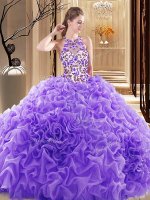 Lavender Ball Gowns High-neck Sleeveless Organza Brush Train Backless Embroidery and Ruffles Quinceanera Dress(SKU SJQDDT934002-2BIZ)