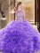 Lavender Ball Gowns High-neck Sleeveless Organza Brush Train Backless Embroidery and Ruffles Quinceanera Dress
