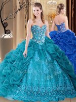 Fantastic Teal Vestidos de Quinceanera Prom and Military Ball and Sweet 16 and Quinceanera with Embroidery and Pick Ups Sweetheart Sleeveless Lace Up(SKU SJQDDT929002BIZ)