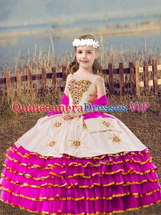 Straps Sleeveless Child Pageant Dress Floor Length Beading and Embroidery and Ruffled Layers Fuchsia Organza
