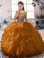 On Sale Sleeveless Floor Length Beading and Ruffles Lace Up Sweet 16 Quinceanera Dress with Brown