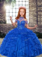 Super Tulle High-neck Sleeveless Lace Up Beading and Ruffles Pageant Gowns For Girls in Blue