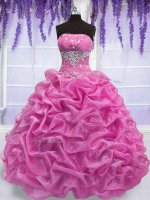 Deluxe Floor Length Rose Pink Quinceanera Dresses Strapless Sleeveless Lace Up