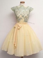 Champagne Chiffon Lace Up Quinceanera Dama Dress Cap Sleeves Knee Length Lace and Belt(SKU SWBD148-6BIZ)